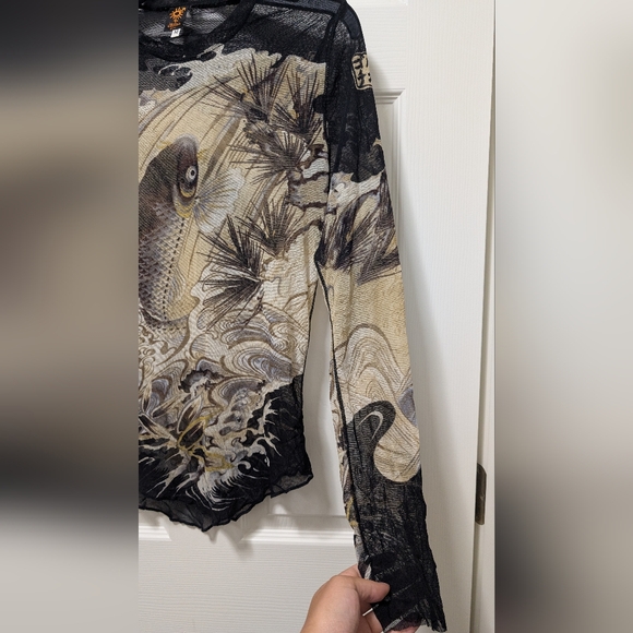 Jean Paul Gaultier Soleil 90s Japanese Tattoo Koi Fish Long Sleeve Mesh Shirt M - Picture 7 of 8